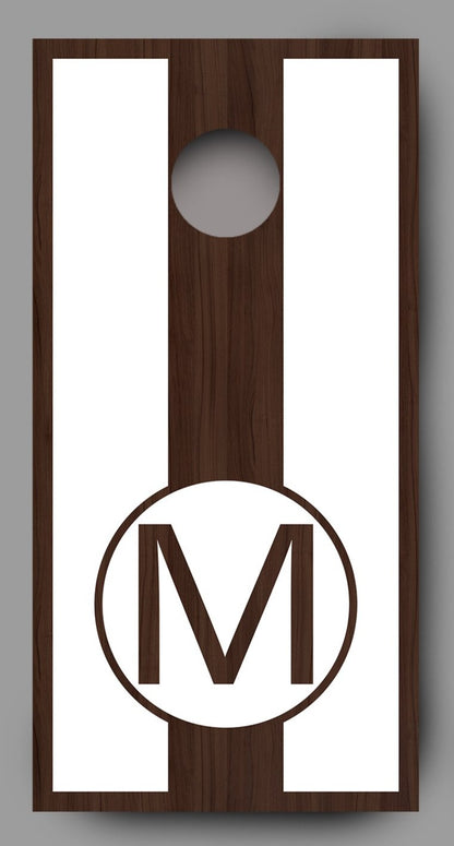 Custom Circle Initial on Wood White Lettering Cornhole Board Decal Wraps
