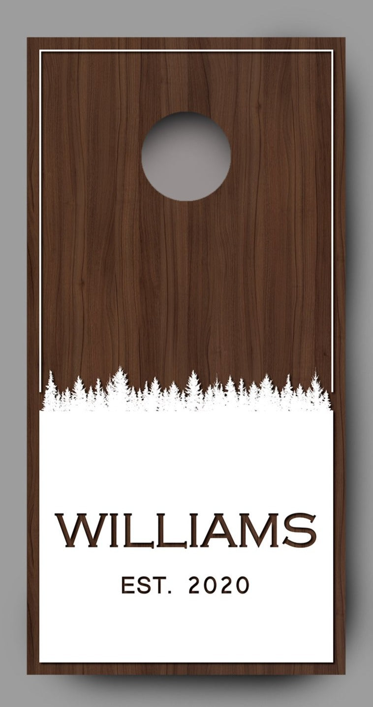 Custom Name with Trees on Wood White Cornhole Board Decal Wraps