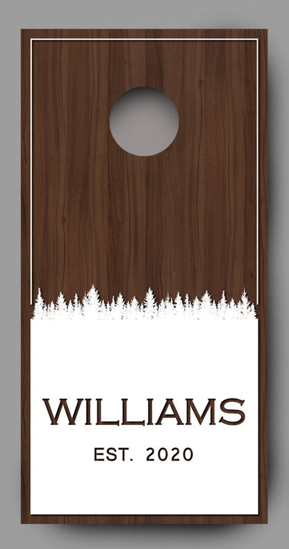 Custom Name with Trees on Wood White Cornhole Board Decal Wraps