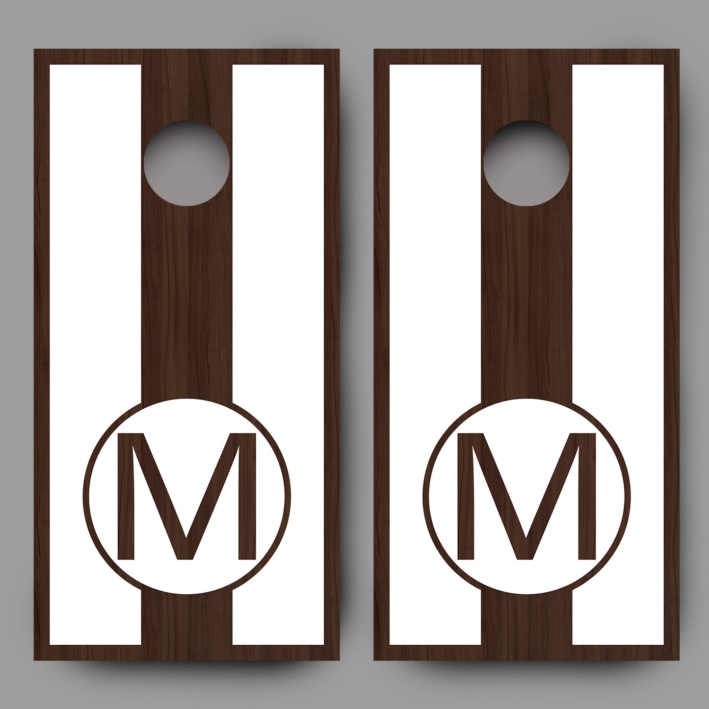 Custom Circle Initial on Wood White Lettering Cornhole Board Decal Wraps