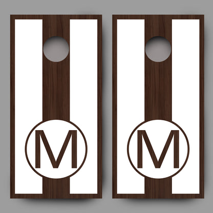 Custom Circle Initial on Wood White Lettering Cornhole Board Decal Wraps