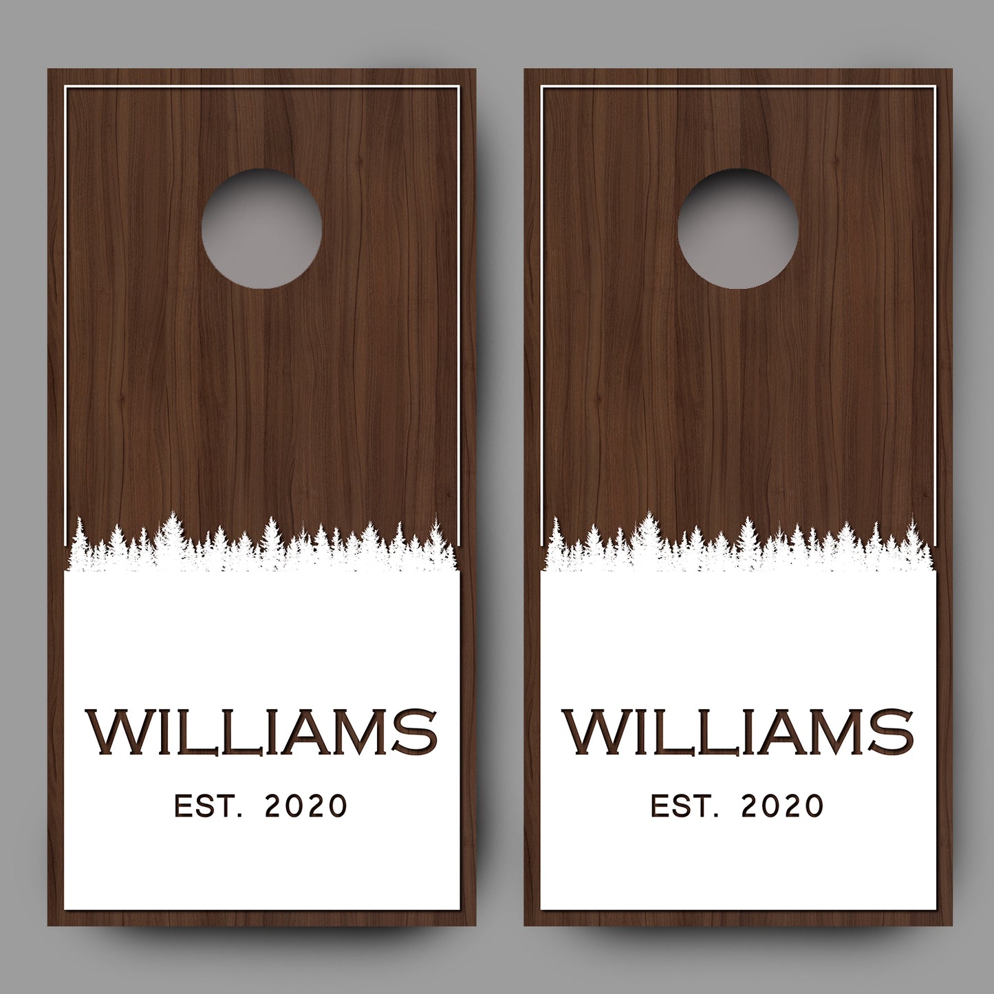 Custom Name with Trees on Wood White Cornhole Board Decal Wraps