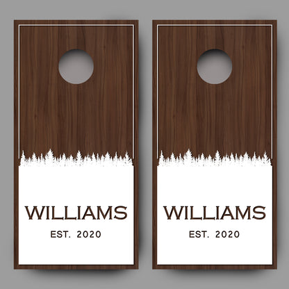 Custom Name with Trees on Wood White Cornhole Board Decal Wraps