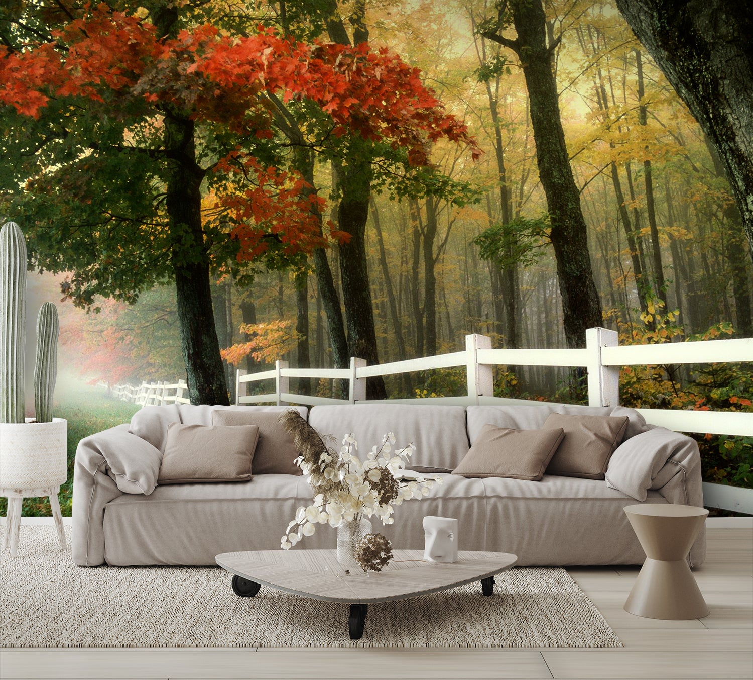 White Fence in the Fall Mural Wallpaper