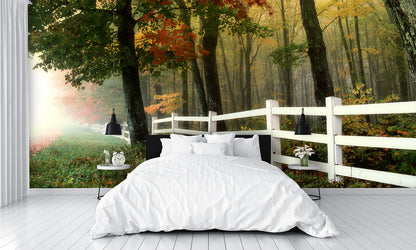 White Fence in the Fall Mural Wallpaper