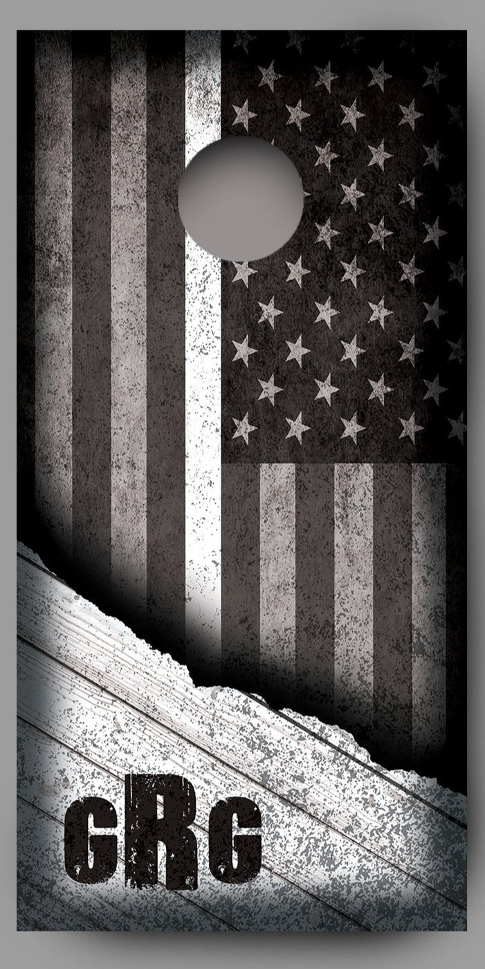 Custom Initialed Distressed American Flag with White Line Corn Hole Wrap