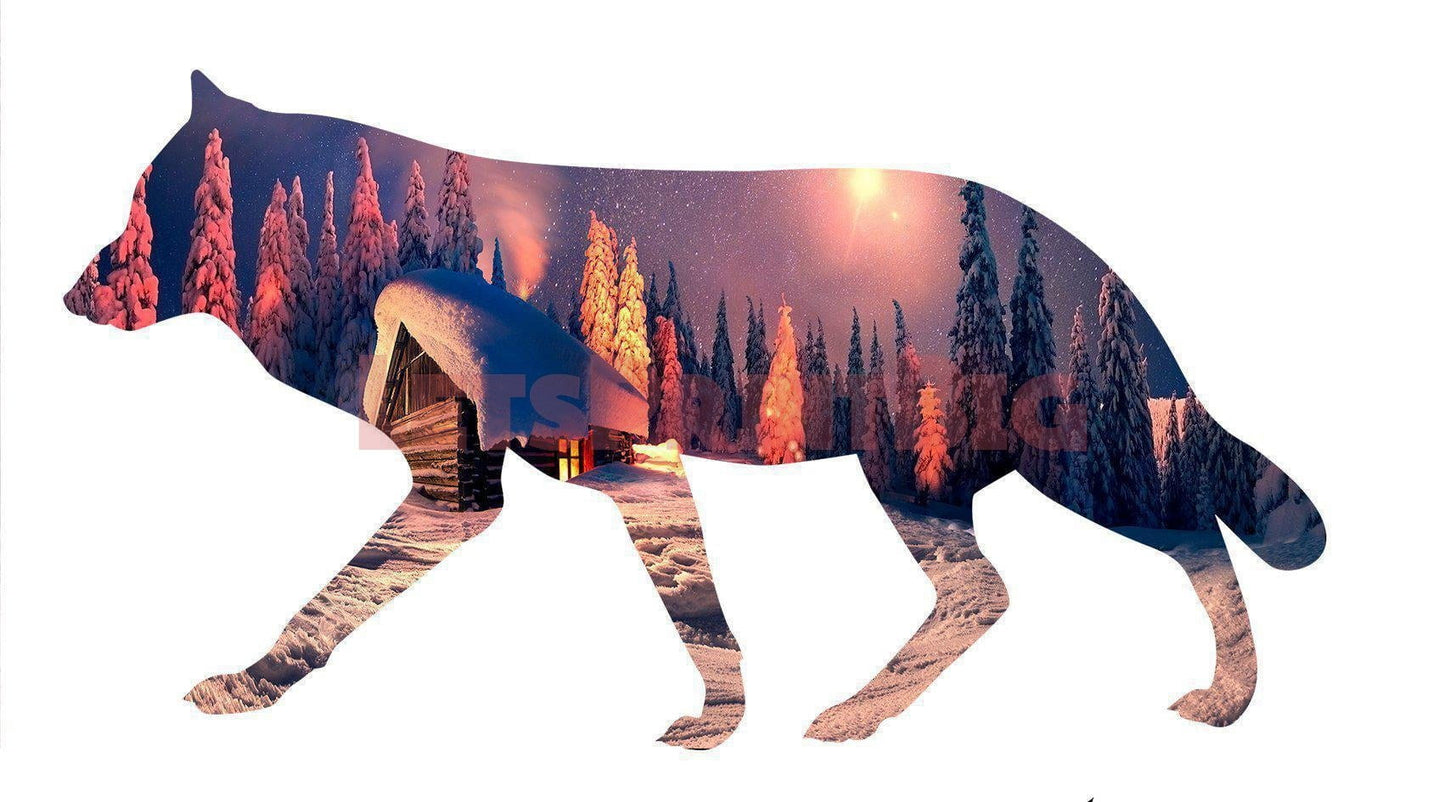 Wolf Silhouette Snow Cabin Background Image Large Wall Decals