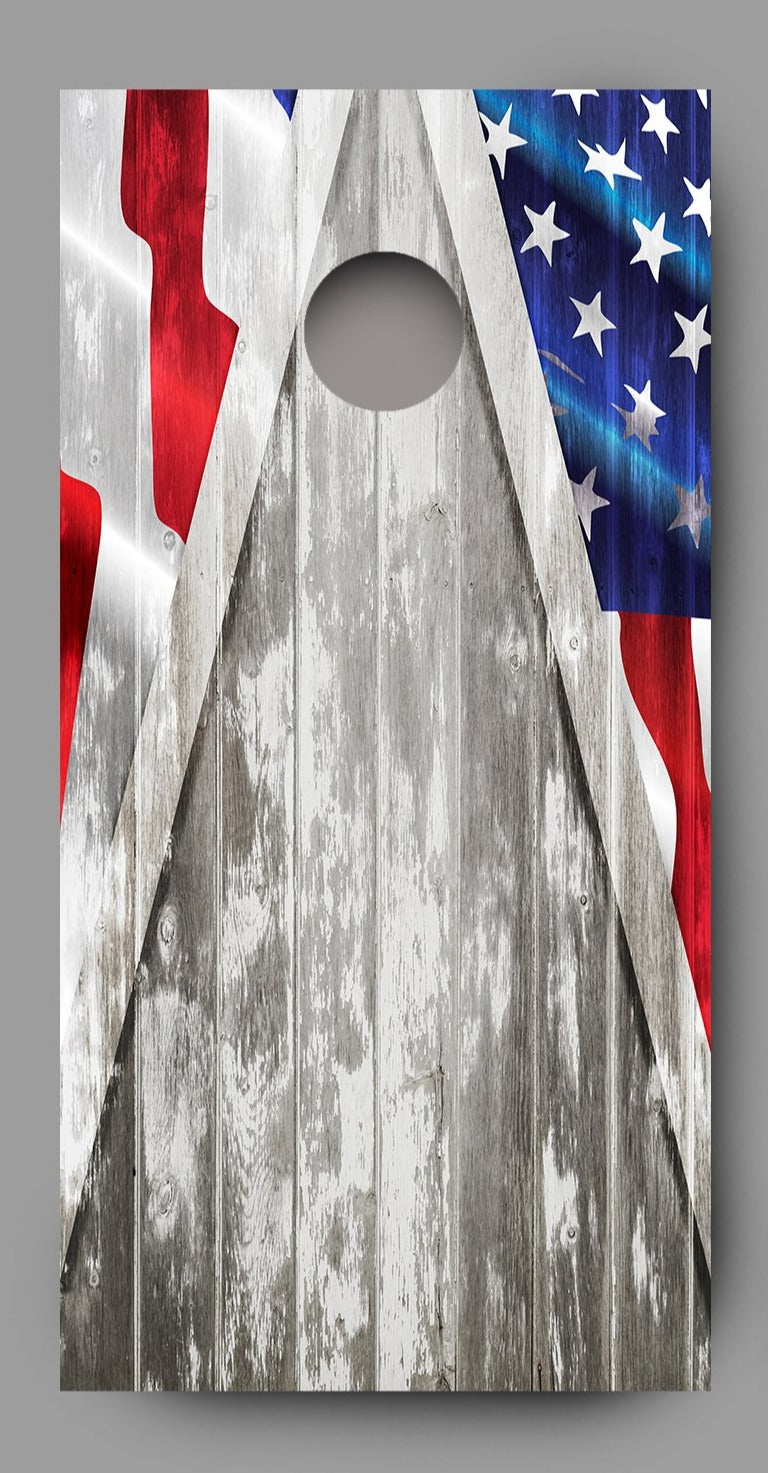 American Flag Cornhole Gray Wood Triangle Board Decal Wrap single