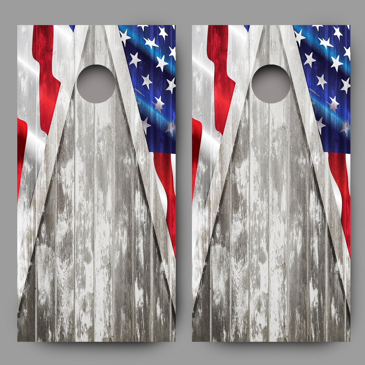 American Flag Cornhole Gray Wood Triangle Board Decal Wrap set
