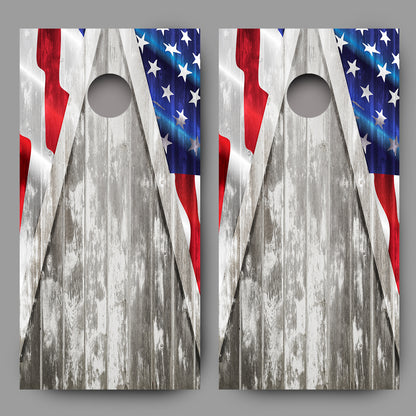 American Flag Cornhole Gray Wood Triangle Board Decal Wrap set