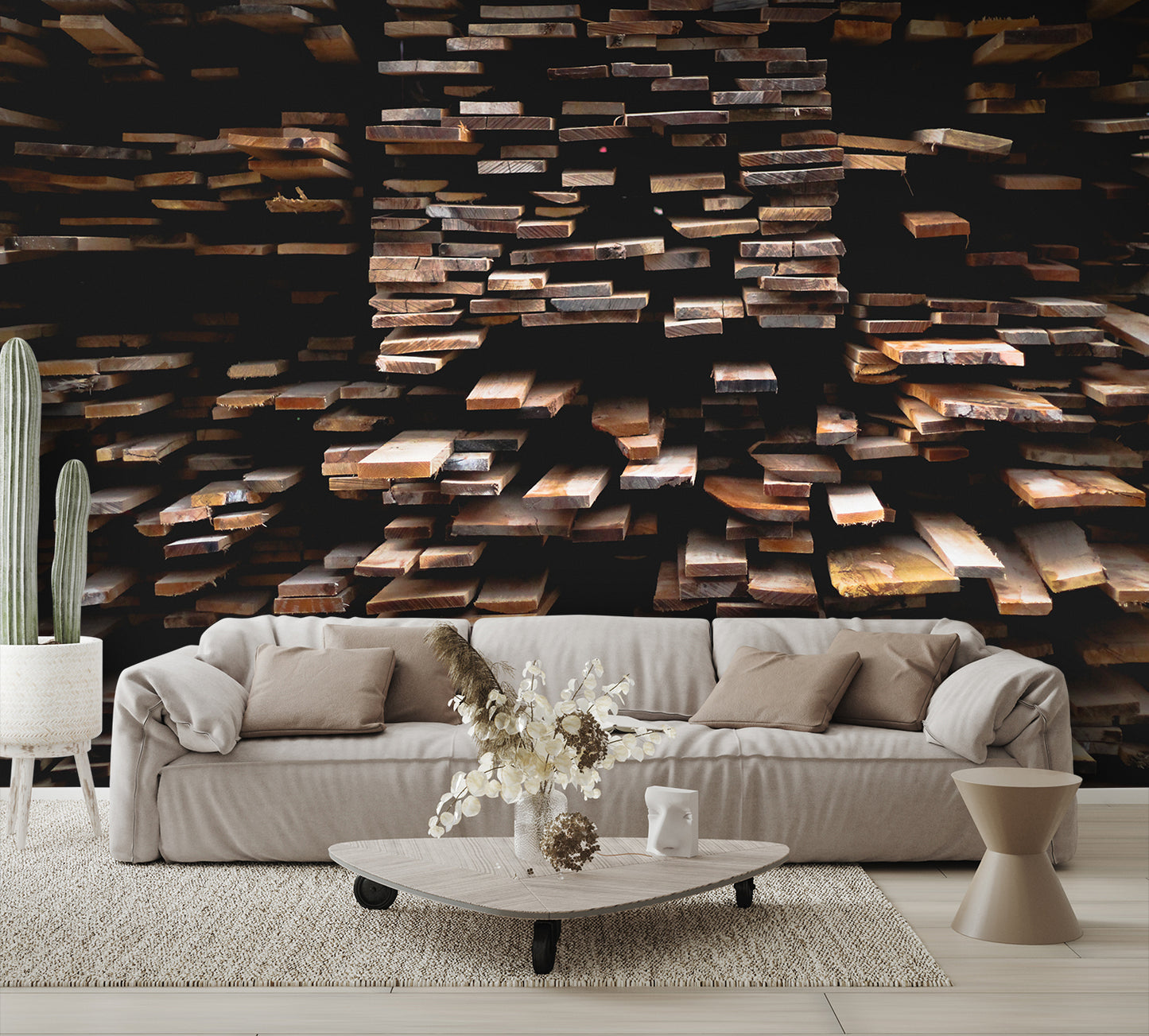 Stacked Wood Board Texture Mural Wallpaper