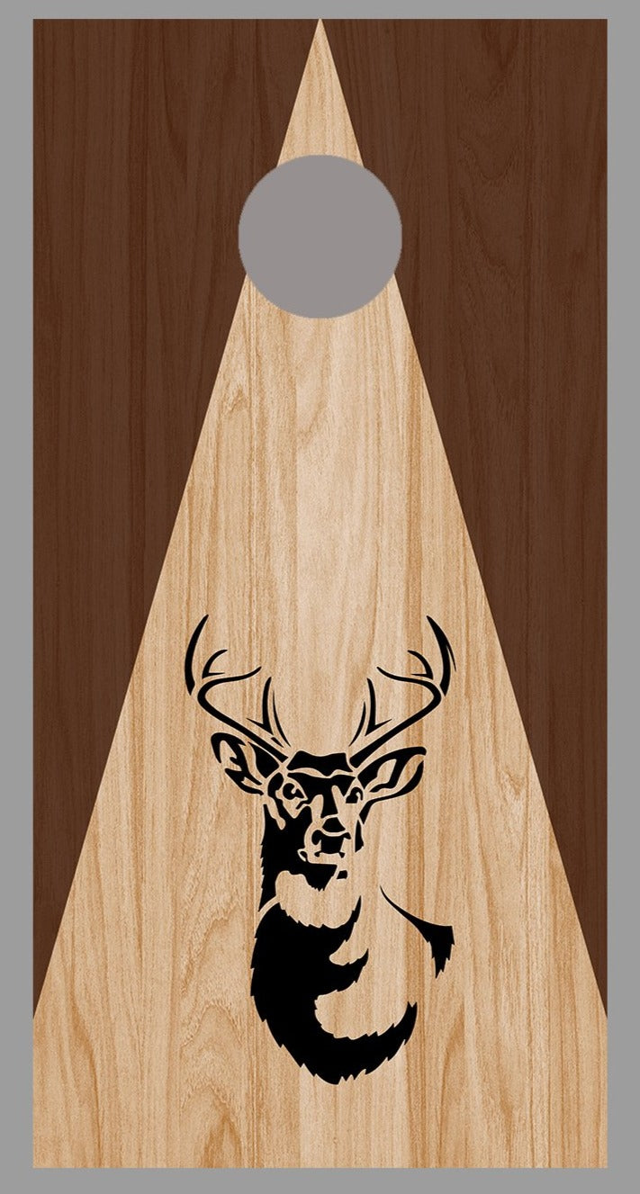 Buck Deer Silhouette on Triangle Stained Wood Corn Hole Board Decal Wrap