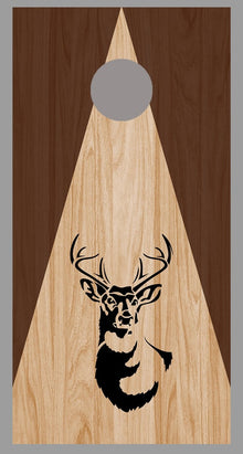Buck Deer Silhouette on Triangle Stained Wood Corn Hole Board Decal Wrap
