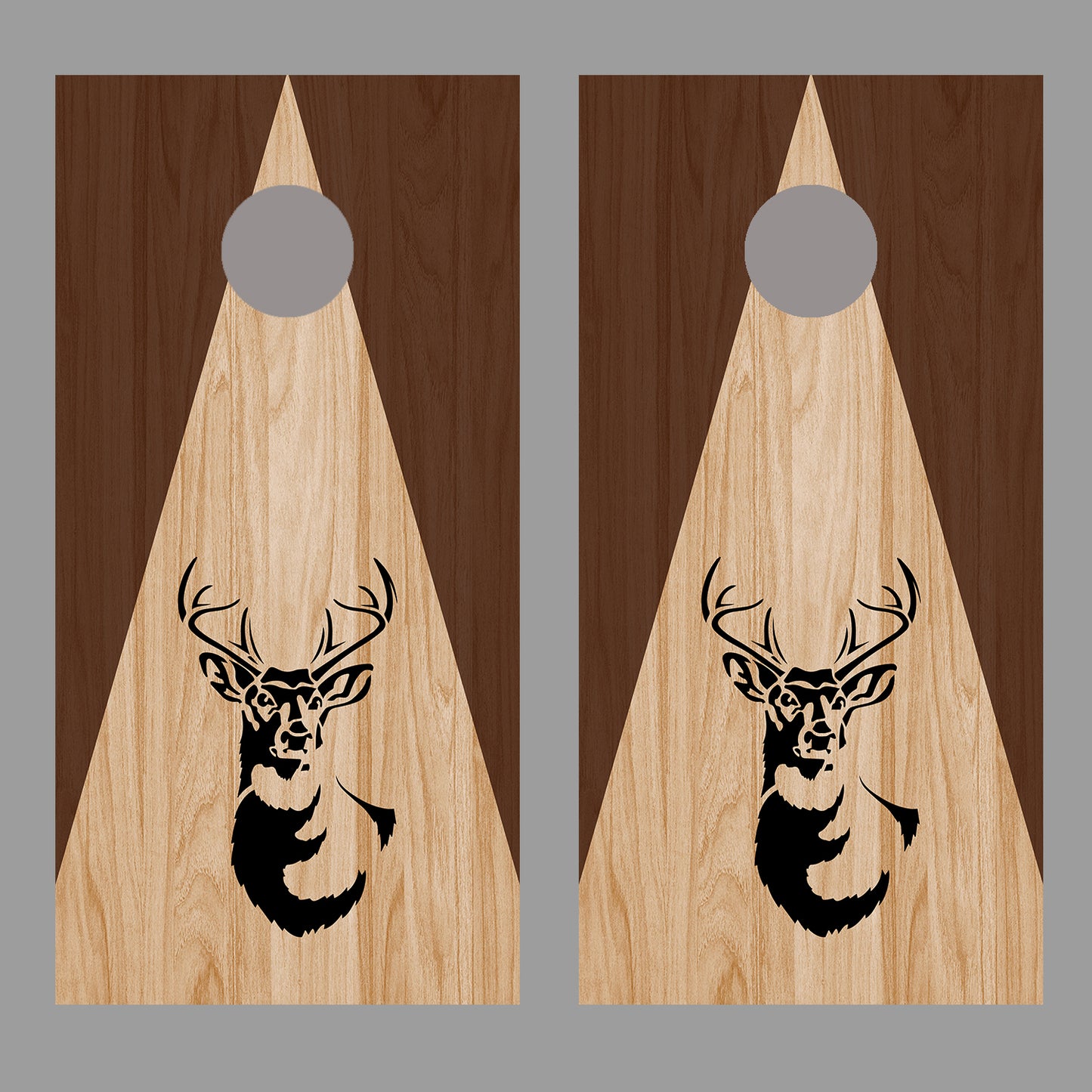 Buck Deer Silhouette on Triangle Stained Wood Corn Hole Board Decal Wrap