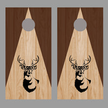 Buck Deer Silhouette on Triangle Stained Wood Corn Hole Board Decal Wrap