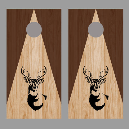 Buck Deer Silhouette on Triangle Stained Wood Corn Hole Board Decal Wrap
