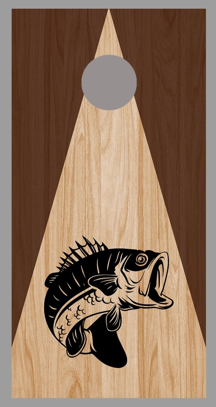 Fish Silhouette on Triangle Stained Wood Corn Hole Board Decal Wrap