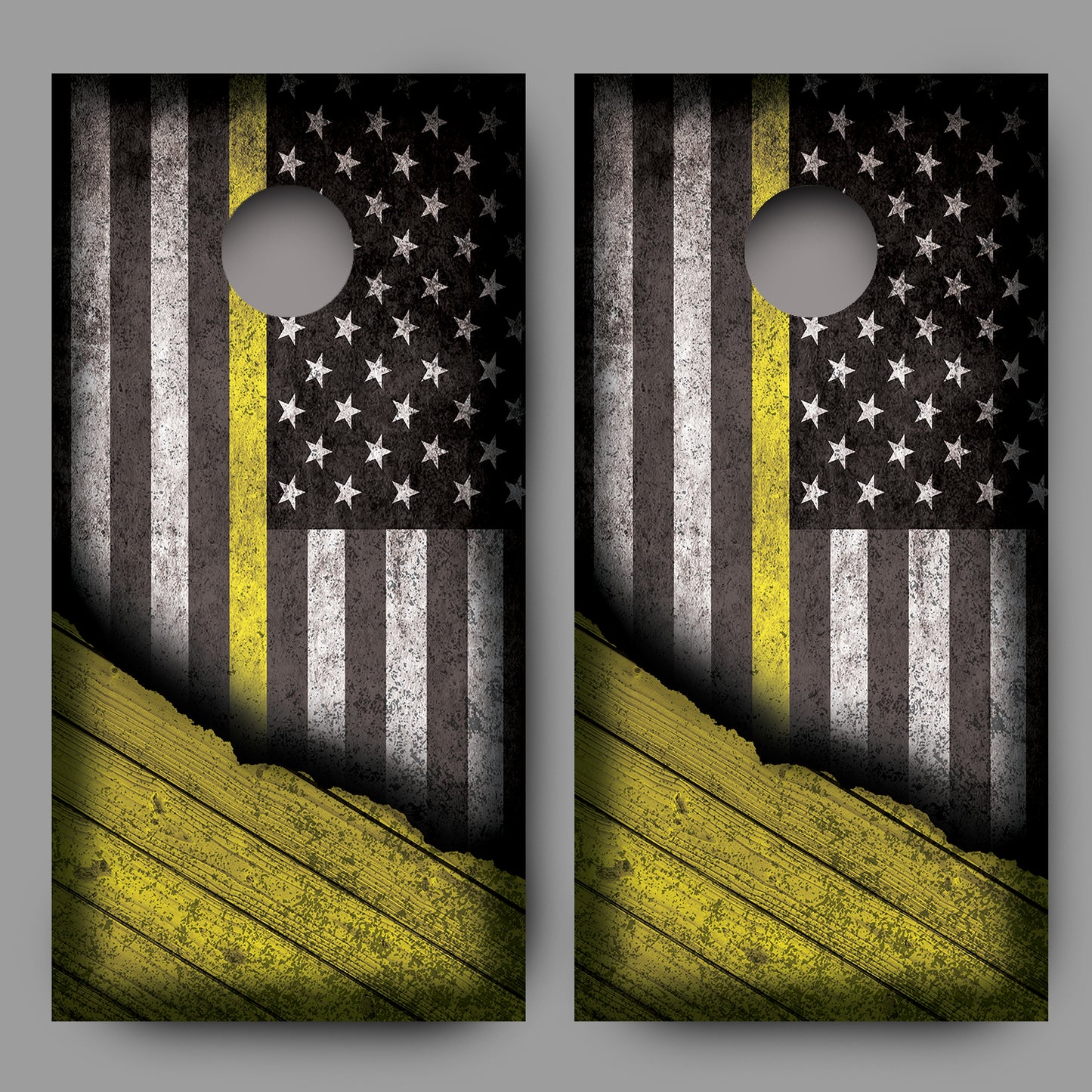 Distressed American Flag with Yellow Line Corn Hole Wrap