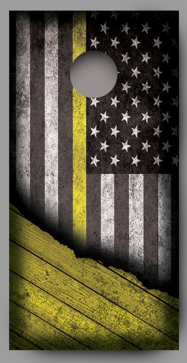 Distressed American Flag with Yellow Line Corn Hole Wrap