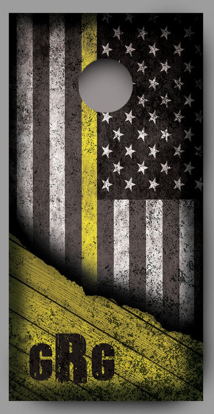 Custom Initialed Distressed American Flag with Yellow Line Corn Hole Wrap