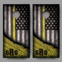 Custom Initialed Distressed American Flag with Yellow Line Corn Hole Wrap